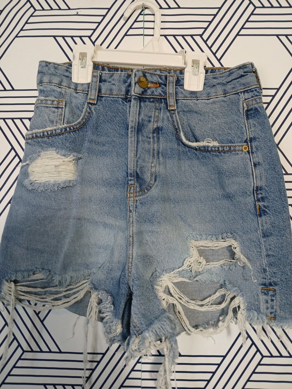 Zara Distressed Womens Denim Shorts Button Fly High Rise